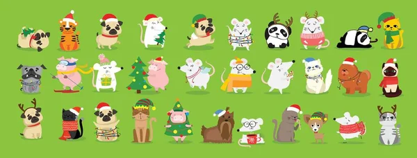 Conjunto de Navidad de diferentes animales y símbolo navideño del año tigre, rata, gato, perro con regalos y otros — Vector de stock