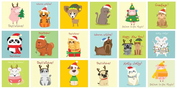 Conjunto de Navidad de diferentes animales y símbolo navideño del año tigre, rata, gato, perro con regalos y otros — Archivo Imágenes Vectoriales