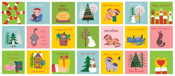Conjunto vectorial de árboles de Navidad de invierno y sol, nieve, copo de nieve, arbusto, gatos, personas para crear tarjetas de ilustración propias de Año Nuevo y Navidad — Vector de stock
