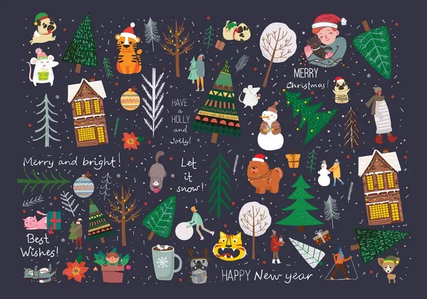 Wektor zestaw zimowych choinek i słońca, śnieg, płatki śniegu, krzak, koty, ludzie do tworzenia własnych Nowy Rok i Boże Narodzenie ilustracji kart — Wektor stockowy