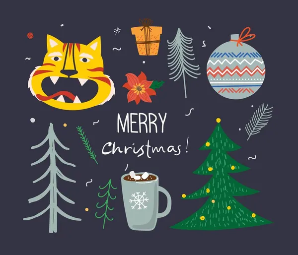 Векторный набор зимних елок и солнца, снега, снежинок, кошек, людей для создания собственных новогодних и рождественских иллюстрированных открыток — стоковый вектор