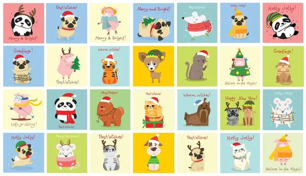 Conjunto de Navidad de diferentes animales y símbolo navideño del año tigre, rata, gato, perro con regalos y otros — Vector de stock