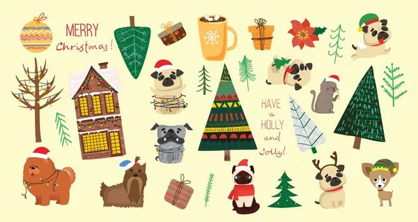 Conjunto vectorial de árboles de Navidad de invierno y sol, nieve, copo de nieve, arbusto, gatos, perros para crear tarjetas de ilustración propias de Año Nuevo y Navidad — Vector de stock