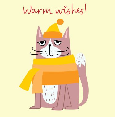 Noel kedili Vector Card örgü şapka, süveter, eşarp gibi aksesuarları olan şirin kedilerin mutlu Noel çizimleri.