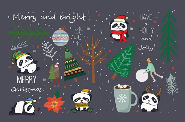 Ilustración vectorial de pandas navideños y saludos de Navidad y año nuevo. Lindos pandas con sombreros de vacaciones — Archivo Imágenes Vectoriales