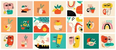 Çizgi film Düz Tasarımı 'nda büyük renkli vektör illüstrasyon posterleri. El çizimi soyut şekiller, komik çizgi karakterler.