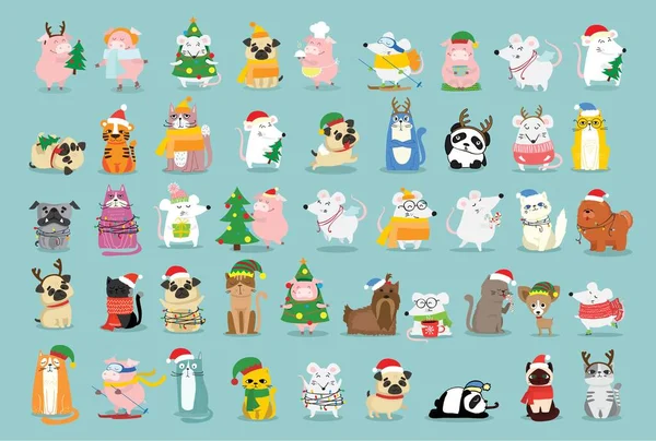 Conjunto de Navidad de diferentes animales y símbolo navideño del año tigre, rata, gato, perro con regalos y otros — Vector de stock