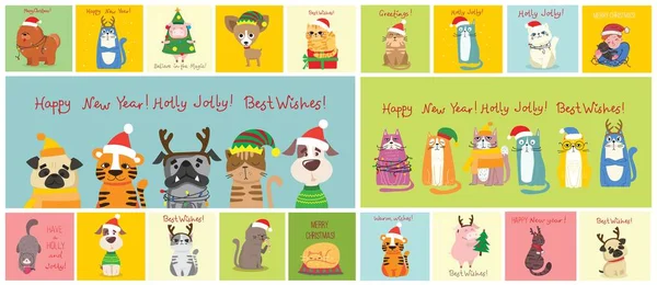 Ensemble de Noël de différents animaux et symbole de Noël de l'année tigre, rat, chat, chien avec des cadeaux et autres — Image vectorielle