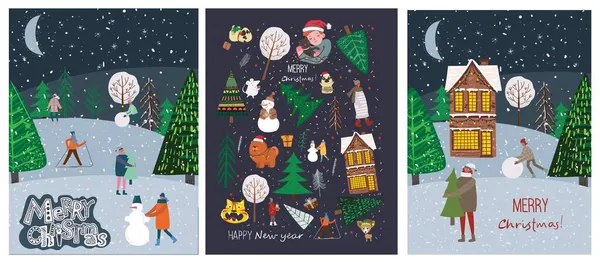 Conjunto vectorial de árboles de Navidad de invierno y sol, nieve, copo de nieve, arbusto, gatos, pandas, personas para la creación de tarjetas propias de Año Nuevo y Navidad ilustración — Archivo Imágenes Vectoriales