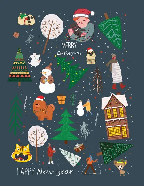 Conjunto vectorial de árboles de Navidad de invierno y sol, nieve, copo de nieve, arbusto, gatos, pandas, personas para la creación de tarjetas propias de Año Nuevo y Navidad ilustración — Archivo Imágenes Vectoriales