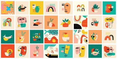 Çizgi film Düz Tasarımı 'nda büyük renkli vektör illüstrasyon posterleri. El çizimi soyut şekiller, farklı doku komik karakterler.