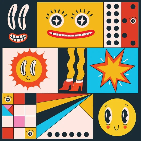 Grote Set van Verschillende gekleurde Vector illusies voor posters in Cartoon Flat ontwerp. Handgetekende abstracte vormen, verschillende textuur grappige stripfiguren. — Stockvector