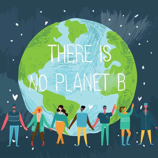 Pessoas Personagens tentando salvar o planeta Terra. Conceito de Aquecimento Global e Mudança Climática. —  Vetores de Stock