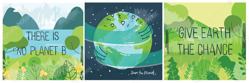 Environment vector illustrations. Renewable nature resources collection for earth sustainability. People effect on climate change.