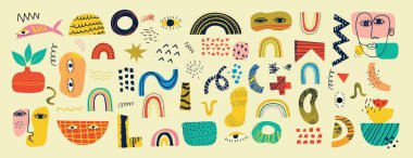 Çizgi film Düz Tasarımı 'ndaki posterler için Büyük Değişik Renkli Vektör Çizimleri. El çizimi soyut şekiller, farklı doku komik karakterler.