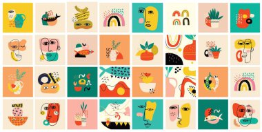 Çizgi film Düz Tasarımı 'ndaki posterler için Büyük Değişik Renkli Vektör Çizimleri. El çizimi soyut şekiller, yüzler, farklı doku komik karakterler..