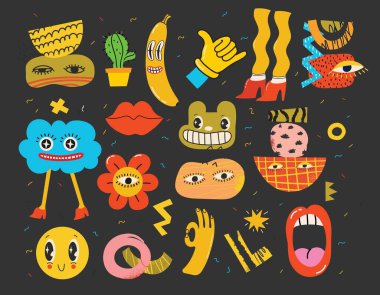 Çizgi film Düz Tasarımı 'nda büyük renkli vektör illüstrasyon posterleri. El çizimi soyut şekiller, yüzler, farklı doku, komik komik komik çizgi karakterler..