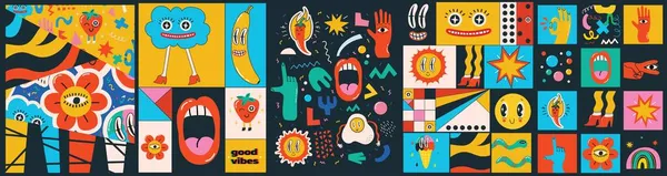 卡通平面设计中的一组大型彩色矢量幻像海报 手绘抽象疯狂的形状 不同的质感 滑稽可爱的漫画人物 — 图库矢量图片
