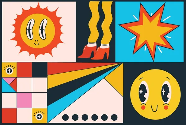 Великий набір різних кольорових векторних ілюзій для плакатів у дизайні Cartoon Flat. Рука намальована Абстрактні фігури, обличчя, різні текстури смішні персонажі коміксів . — стоковий вектор