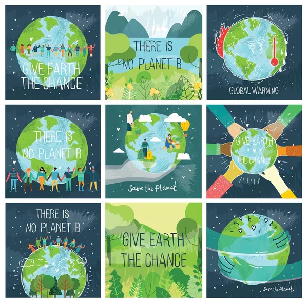 Personajes de la gente tratando de salvar el planeta Tierra. Calentamiento global y concepto de cambio climático. — Vector de stock