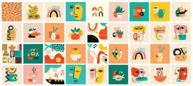 Çizgi film Düz Tasarımı 'ndaki posterler için Büyük Değişik Renkli Vektör Çizimleri. El çizimi soyut şekiller, yüzler, farklı doku komik karakterler..