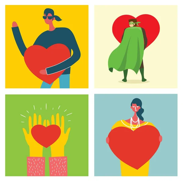 Dela din kärlek. Händer och människor med hjärtan som kärlek massage. Vektor illustration för Alla hjärtans dag i platt stil — Stock vektor