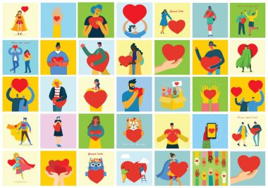 Sevgini paylaş. Eller ve kalpleri aşk masajı gibi olan insanlar. Modern düz tarzda Sevgililer Günü için vektör illüstrasyonu