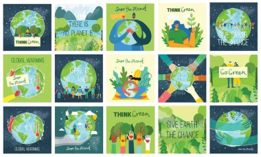 Dünya 'yı kurtarmaya çalışan insan karakterleri. Küresel Isınma ve İklim Değişimi Konsepti. Düz Çizgi film Vektör İllüstrasyonu.