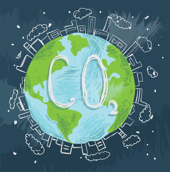 Carbon dioxide emissions reduction in the city. Vector concept of ecology problem, generation and saving green energy. Global Warming, Climate Change Concept
