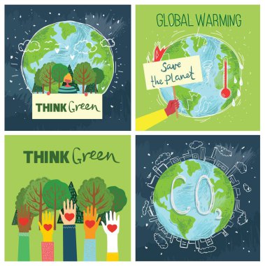 Dünya 'yı kurtarmaya çalışan insan karakterleri. Küresel Isınma ve İklim Değişikliği Kavramı.