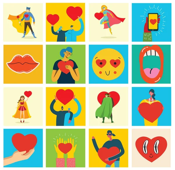 Deel je Liefde. Handen en mensen met een hart als liefdesmassages. Vector illustratie voor Valentijnsdag in de platte stijl — Stockvector