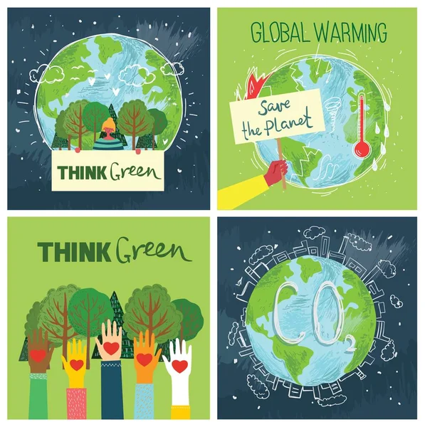 People Characters trying to Save Planet Earth. Global Warming and Climate Change Concept. — Stock Vector