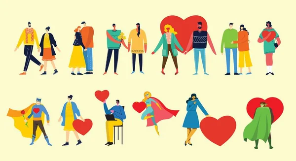 Deel je Liefde. Handen en mensen met een hart als liefdesmassages. Vector illustratie voor Valentijnsdag in de platte stijl — Stockvector