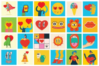 Vektör posterleri ya da olay pankartları. Kalbin arka planında bir çift. Sevgililer Günü posterleri, soyut, geometrik arkaplanlı sevgililer günü posterleri..