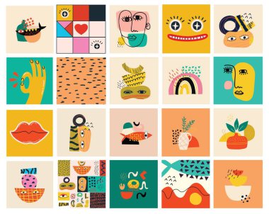 Çizgi film Düz Tasarımı 'ndaki posterler için Büyük Değişik Renkli Vektör Çizimleri. El çizimi soyut şekiller, yüzler, farklı doku komik karakterler..