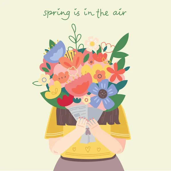 Menina bonito segurando um buquê de flores. Ilustração do estoque do vetor. Design para as férias da primavera, aniversário, aniversário. Isolado sobre fundo branco. —  Vetores de Stock