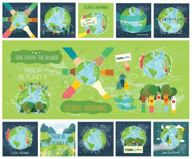 Dünya 'yı kurtarmaya çalışan insan karakterleri. Küresel Isınma ve İklim Değişikliği Kavramı.