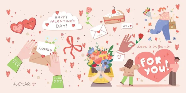 Conjunto romántico de ilustraciones con hombre y mujer. Amor, historia de amor, relación. Concepto de diseño vectorial para el Día de San Valentín — Vector de stock