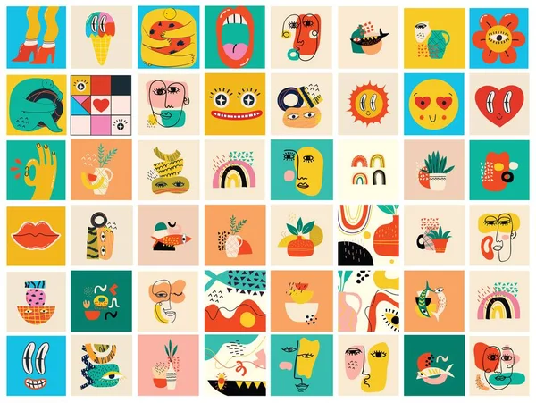 Grote Set van Verschillende gekleurde Vector illusies voor posters in Cartoon Flat ontwerp. Handgetekende abstracte vormen, gezichten, verschillende textuur grappige stripfiguren. — Stockvector