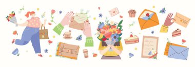 Havada bahar kokusu var. Elinde bir buket çiçek tutan tatlı bir kız. Vektör hisse senedi çizimi. Bahar, yıl dönümü, doğum günü için tasarım.