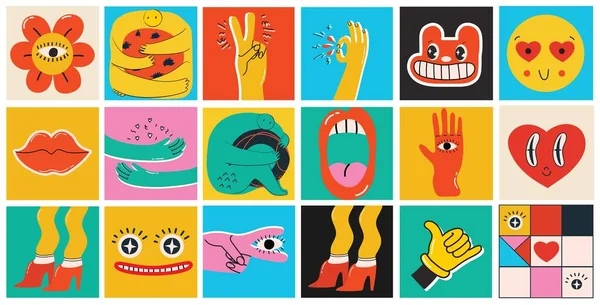 卡通平面设计中的一组大型彩色矢量幻像海报 手绘抽象疯狂的形状 不同的质感 滑稽可爱的漫画人物 — 图库矢量图片