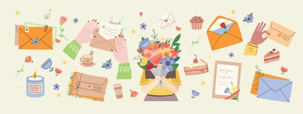 Весна Воздухе Симпатичная Девушка Букетом Цветов Векторная Иллюстрация Дизайн Празднику — стоковый вектор