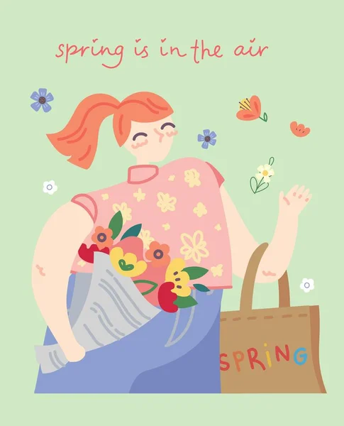 Primavera Está Menina Bonito Segurando Buquê Flores Ilustração Estoque Vetor —  Vetores de Stock