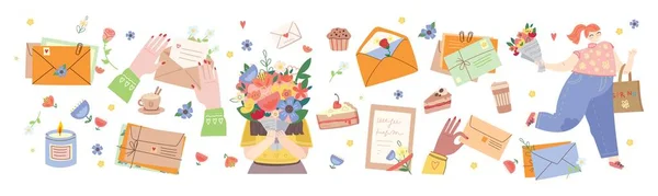 Primavera Está Aire Linda Chica Sosteniendo Ramo Flores Ilustración Stock — Archivo Imágenes Vectoriales