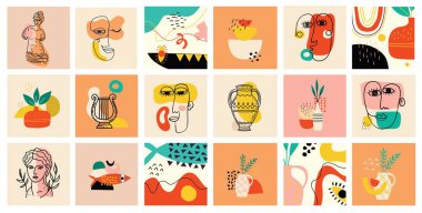 Çeşitli antik heykeller. Efsanevi, antik Yunan tarzı. Moda Yunan poster tasarımı için. Projeleriniz için Modern El Vektör çizim vektör çizimi çizimleri