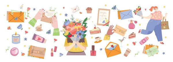春天就在空气中 可爱的女孩拿着一束花 矢量股票说明 周年纪念 生日的设计 — 图库矢量图片