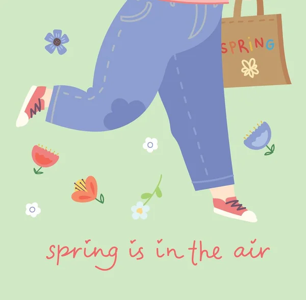春は空気中です 可愛い女の子が花束を持っている ベクターストックイラスト 記念日 誕生日の休日のためのデザイン — ストックベクタ