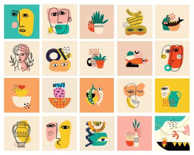 Çizgi film Düz Tasarımı 'ndaki posterler için Büyük Değişik Renkli Vektör Çizimleri. El çizimi soyut şekiller, yüzler, farklı doku, Yunan unsurları, komik çizgi karakterler.