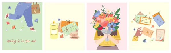 De lente is in de lucht. Schattig meisje met een boeket bloemen. Vector stock illustratie. Ontwerp voor de vakantie van lente, verjaardag, dagboek. — Stockvector