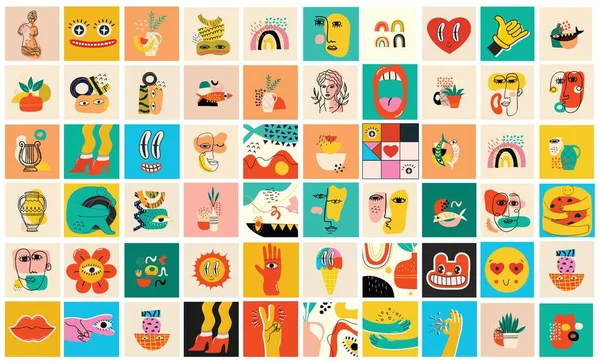 Grote Set van Verschillende gekleurde Vector illusies voor posters in Cartoon Flat ontwerp. Handgetekende abstracte vormen, gezichten, verschillende textuur, griekse elementen, grappige stripfiguren. — Stockvector